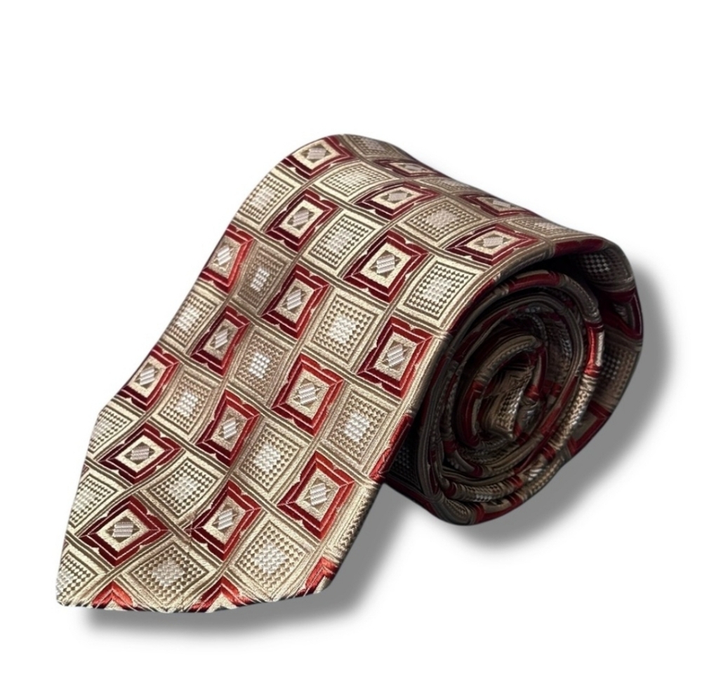 PRONTO UOMO Tan & Orange Woven Silk Tie Geometric PatternNWT